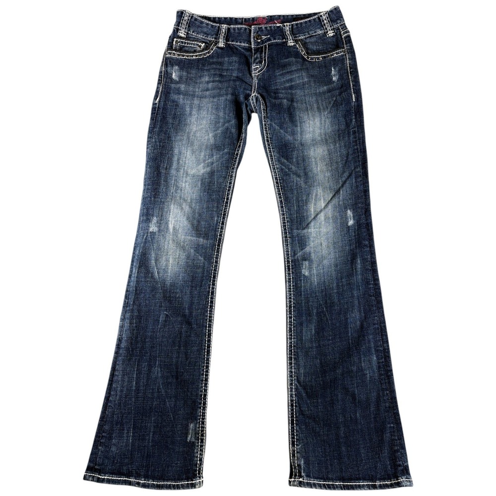 Rock and Roll Cowgirl Jeans Womens 29x34 Blue Dark Distressed Bootcut Lowrise